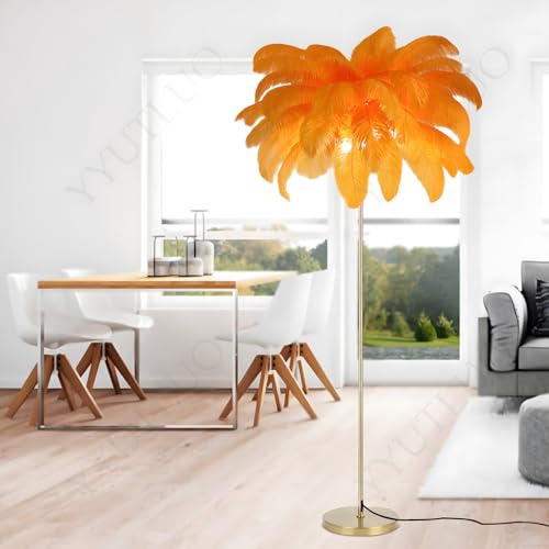 YYUTLUO Moderne Federlampe, Stehlampe Aus Natürlichen Straußenfedern, 160cm Hoch, Goldene Stange Und Sockel, Stehlampe, 3 Farbtemperaturen, G4 Led, Wohnzimmer Kinderzimmer Schlafzimmer (Orange Farbe)