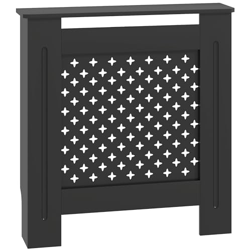 HOMCOM Cubre Radiador de Madera MDF Perforado en Cruz, Cubre Radiador Moderno con Estante para Sala de Estar y Sala de Estar, 78x19x82 cm, Negro