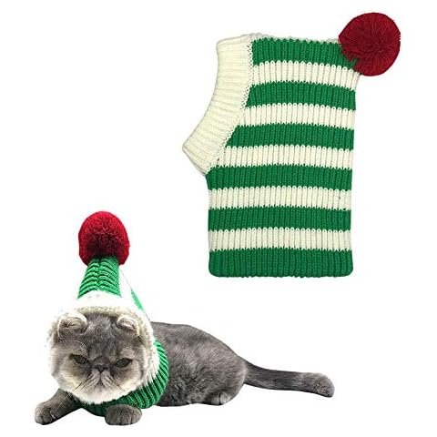 NIULA Dog New Year Hat Crocheted Snood Cat Funny Pet Cap with Pompon Red Green Warm Winter Dog Christmas Hats Knit Snood Headwear for Pets (Small, Green) Cover