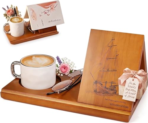 Triangle Book Holder with Sailboat Design,Nautical Wooden Book Stand for Reading Valet with Cup Holder, Mini Bookshelf,Tablet Stand for Book Lover，Sailor Birthday&Mothers Day Gift Coastal Home Decor
