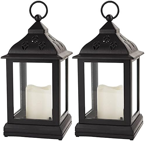 Bright Zeal 2-Pack 9.5" Vintage Decorative Candle Lantern with LED Flickering Flameless Candle (Black, 8hr Timer) - Indoor Hanging Lanterns Decorative Lanterns Battery Powered LED Candle Timer Candle