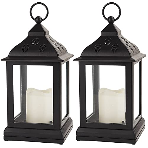 Bright Zeal 2-Pack 9.5″ Vintage Decorative Candle Lantern with LED Flickering Flameless Candle (Black, 8hr Timer) – Indoor Hanging Lanterns Decorative Lanterns Battery Powered LED Candle Timer Candle