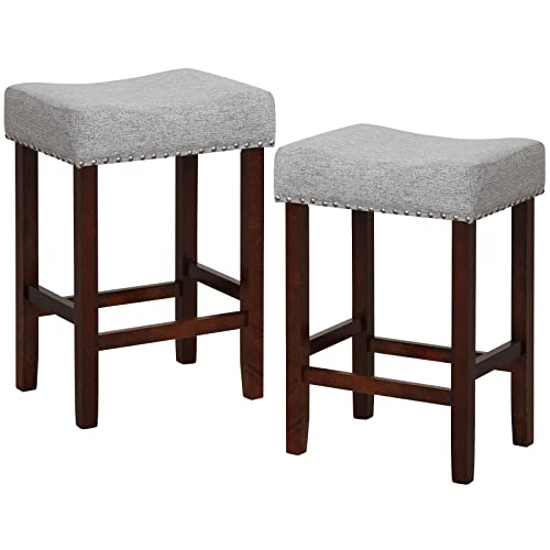 Image of COSTWAY Wooden Saddle Stools Set of 2, 25-inch Backless Counter Chairs with Nailhead Trim, Rubber Wood Frame, Footrest, Max Load 330 Lbs, Upholstered Bar Stools for Kitchen Island, Grey+Brown