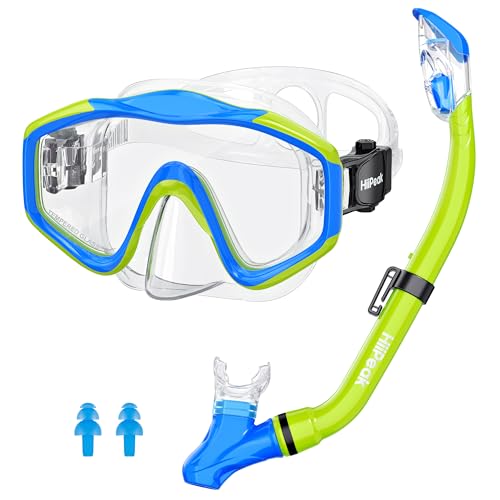 HiiPeak Snorkeling Gear for Kids, Goggles with Nose Cover, Dry Top Snorkel Set for Ages 5-15 Blue-Yellow