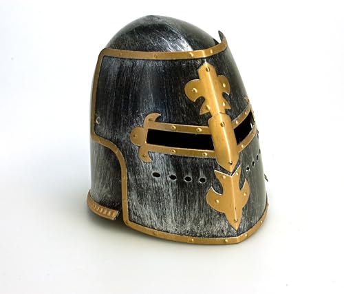 Sunnywood Medieval Knight Helmet Costume Headwear for Adults, Templar Crusader Helmet with Folding Face Mask with Moving Visor for Battle Play Halloween Cosplay Accessory, Silver with Gold Trim