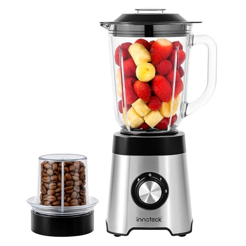 Innoteck 1.5L 2-in-1 Glass Blender & Smoothie Maker – 500W Jug Blender with 2-Speed Control & Pulse, Plus Bean Grinder & Spice Mill – For Soups, Smoothies, Juices & Milkshakes