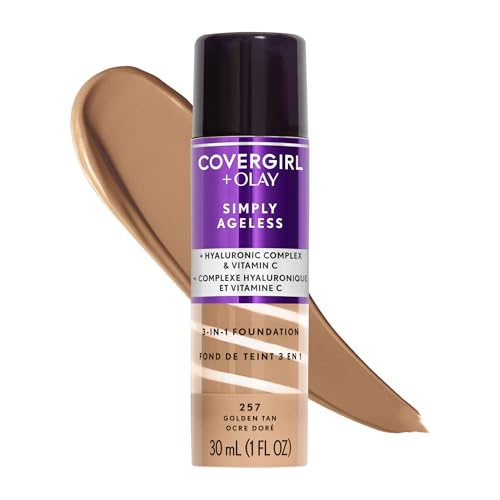 COVERGIRL & Olay Simply Ageless 3-in-1 Liquid Foundation, Matte Finish, Hyaluronic & Vitamin C Formula, 257 Golden Tan, 1 Count
