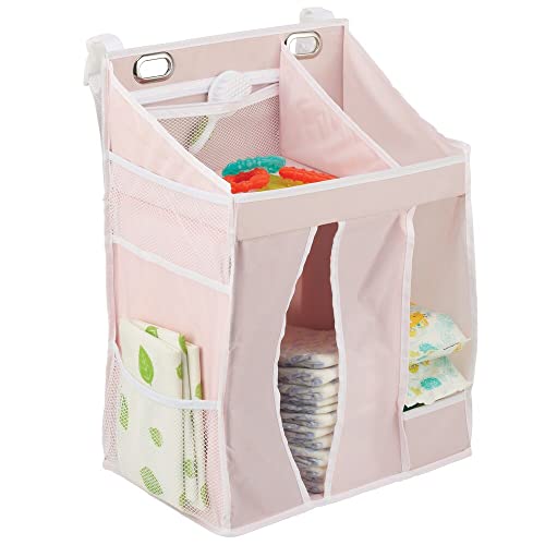 Image of mDesign Baby Nursery Hanging Storage Organizer Caddy and Diaper Stacker for Baby Essentials, Hang on Crib, Changing Table or Wall - Multiple Pockets to Store Wipes, Creams, Lotions,Toys - Light Pink