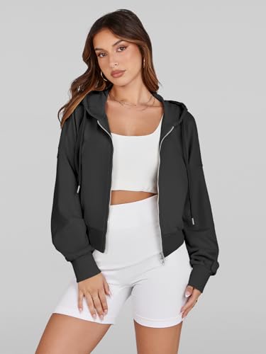 Fisoew Women's Crop Zip Up Hoodies Casual Long Sleeve Hooded Cropped Sweatshirts with Pockets2