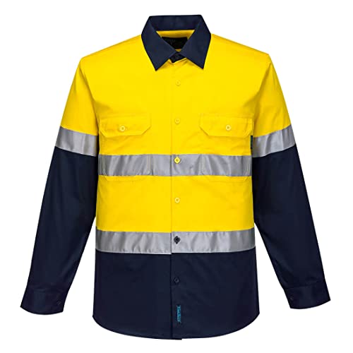 Portwest F145 Men's Iona Enhanced Cotton Safety Work Shirt with Reflective Tape Yellow/Navy, 3X-Large