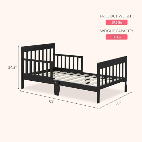 Image of Dream On Me Finn Toddler Bed, GREENGUARD Gold, Pinewood, Black | Low to Floor Bed, 2 Safety Guard Rails, Slatted Wooden Headboard & Footboard 50 Lb Limit, BSA Verified