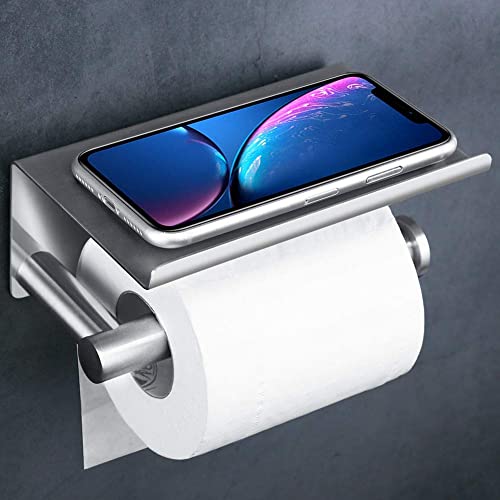 Upgrade Toilet Paper Roll Holder With Anti-Drop Oversized Phone Shelf,Self Adhesive Stainless Steel Tissue Paper Holder For Bathroom,Wall Mounted With Adhesive Pad No Drilling Or Screws,Brushed #TOP2