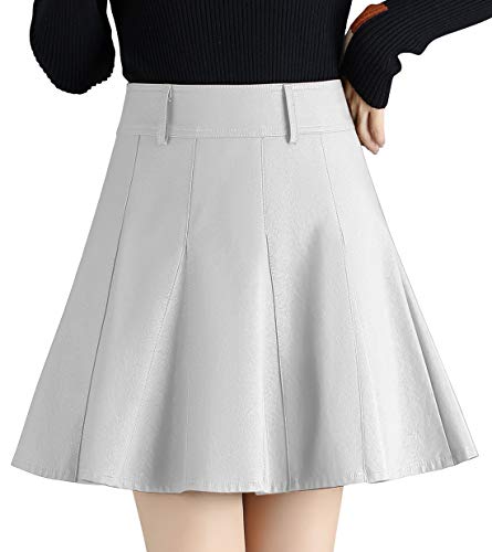 chouyatou Women's Casual Side Zipper Flare Pleated Faux Leather Skater