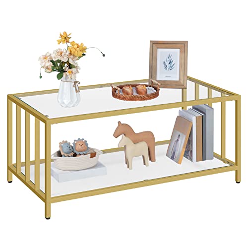 Hoobro Glass Coffee Table, 2-Tiers Glass Table With Golden Steel Frame, Living Room Table, Modern Simple Center Table, Easy Assembly, Open Storage Shelf For Living Room, Office, Golden Gd03Kf01 #TOP22