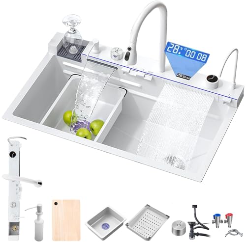 HanDpi Fregadero de Cocina Multifuncional con Pantalla Digital, Fregadero de Acero Inoxidable 304 con Cascada, lavavasos, dispensador de jabón, Cascada de Lluvia y Control de Mesa.