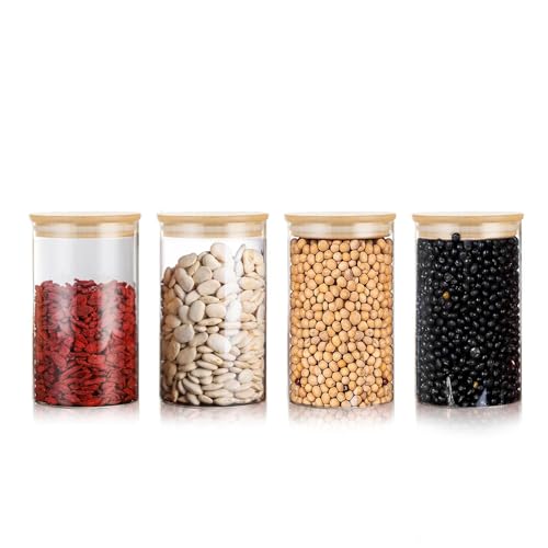 WyndShades Recipientes de almacenamiento de vidrio con tapas, paquete de 4 tarros de vidrio herméticos de 1000 ml con tapas de bambú para pasta, té, café, azúcar, cereales, harina, recipientes