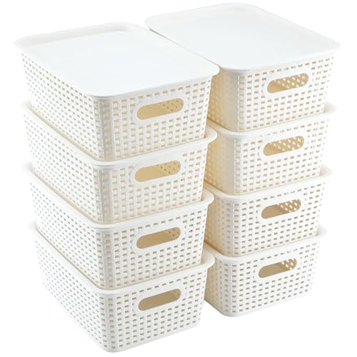 Listado de Cubasa plasticos - solo los mejores. 46 QianMu 8PCS Cajas de Almacenamiento de Plástico, Cestas de Almacenamiento con Tapa de Plástico, Pequeños Contenedores Apilables para Estantería, Armario, Oficina, Cocina...
