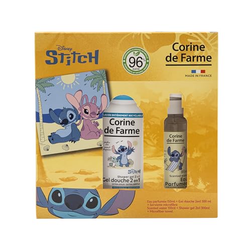 Corine de Farme - Coffret Stitch : Eau Parfumée 150ml + Gel Douche 2en1 300ml + Serviette Microfibre - Parfum Fleur de Tiaré et Coco - Ingrédients Naturels