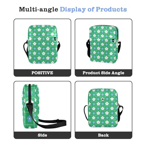 KLL Blue and FLOWERs Green Checkered Pattern cute messenger bag Vegan Leather cross body bag men Travel Shoulder Handbags4