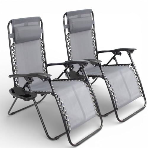 Pincho Tumbona Jardin Exterior Plegable de Gravedad Cero   Pack 2 Sillas Reclinables o Hamacas para Playa, Terraza y Camping con Portavasos, Ligeras y Cómodas (Gris)
