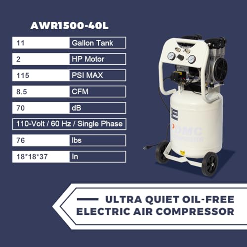 Image of Oil Free Air Compressor,2 HP 11 Gallon 70 dB Ultra Quiet Compressor,5.2 CFM@ 40PSI 4.0 CFM@ 90 PSI Electric Portable Air Compressor