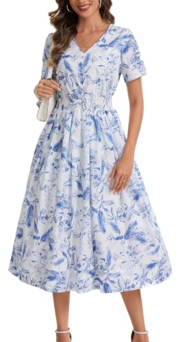 Image of Kormei Women Casual Boho V Neck 3 /4 Sleeve Smocked Waist A Line Flowy Swing Midi Dress Smocked Long Dress