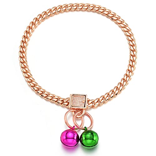 Rosegold Dog Chain Collars with Bell and Ice-Out Cubic Zirconia Locking Buckle Metal Stainless Steel Cuban Link Chain Walking Training Chew Proof ChainNecklace for Dog Puppy Cats Kitties (6MM, 12 )