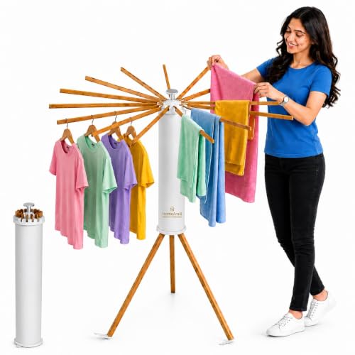 Image of Tripod Clothes Drying Rack Foldable & Rust Resistant Laundry Stand with 16 Solid Beech Wood Rods | Space Saving Indoor & Outdoor Dryer Stand for Clothes, Towels & Garments