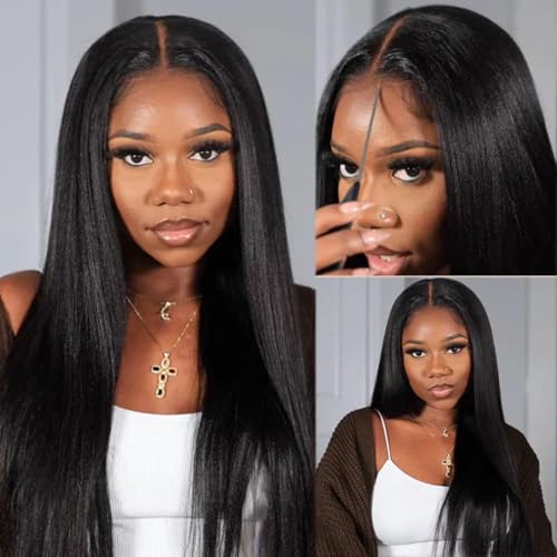 Image of KLAIYI Yaki Straight Bye Bye Knots Glueless Wig 7x5 Precut Lace Front Wigs Human Hair Put On and Go Wigs for Beginners Pre Bleached Pre Plucked Pre Everything 3S Easy to Ready to Wear Kinky Wig 20Inch