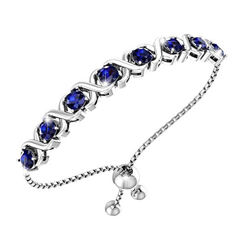 Belinda Jewelz Womens Classic Beautiful 925 Sterling Silver Sparkling Gemstone Adjustable XO Bolo Tennis Bracelet Bangle Fine Wrist Jewelry Fashion Accessory, 4.2 Carat Created Blue Sapphire, 11 Inch