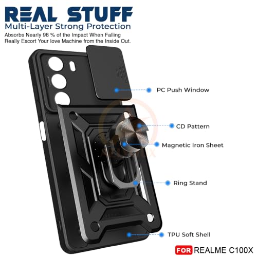 Image of Armor Bumper Back Cover Case for Realme C100X Rotating Camera Cover, Ring Holder & Kickstand | Heavy Duty & 360 Degree Protection Back Cover for Realme C100X (Black)