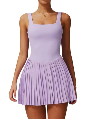 Womens Tennis Dress Sleeveless Backless Yoga Athletic Dresses for Women Square Neck Pleated Golf Dress with Built-in Bras & Shorts Sports Active Exercise Workout Dress with Pockets Purple S