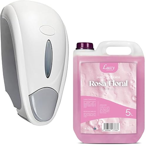Jabón de Manos Líquido Rosa Floral 5L + Jabonera Manual 700 ml | Apto para Pieles Sensibles | Dermatológicamente Testado | Jabón Manos para Uso Profesional