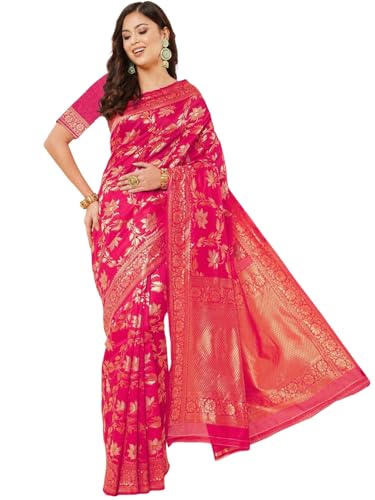Sari Banarasi Zari de organza naranja con diseño étnico exclusivo talla única