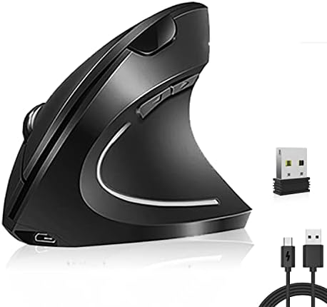 Vassink Wireless Mouse Ergonomic Mouse Rechargeable Vertical Optical Mice with USB Receiver, 6 Buttons 2.4GHz Adjustable DPI 800/1200/1600 for PC Computer,Laptop,etc（Black）