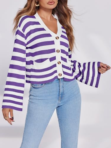 Image of Saodimallsu Womens Striped Cardigan Sweaters Cropped Fall Button Open Front Long Sleeve Knit Sweater Coat with Pockets