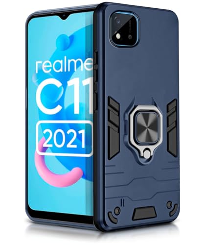 Image of WOW IMAGINE Shock Proof Back Case Mobile Cover for Realme C11 2021 | C20 Back Cover Case (Tough Armor | Hybrid PC + TPU | Ring Holder & in-Built Kickstand | Blue)