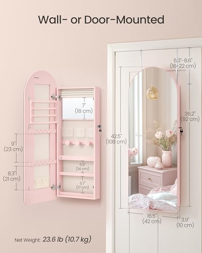 Image of SONGMICS Wide Jewelry Organizer, LED Jewelry Cabinet Wall /Door Mounted, Arched Mirror with Storage, Lockable, Rounded Corner, Interior Mirror, 3.9 x 16.5 x 42.5 Inches, Jelly Pink UJJC020SA01S