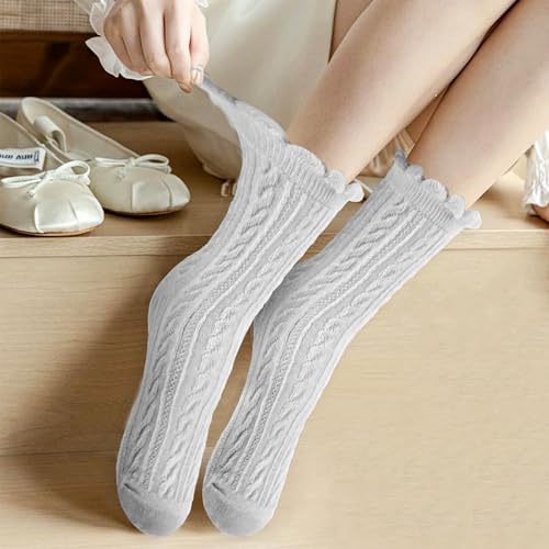 Giantree 4Pcs Women's White Crew Socks - Ruffle & Cable Knit Lettuce Edge Socks4