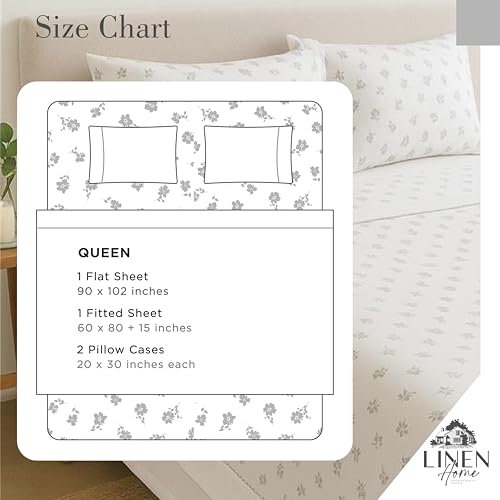 Image of Linen Home 100% Cotton Printed Percale Sheet Set Queen Size, 4 Piece Deep Pocket Floral Bedding, Crisp Cool & Breathable, Fade-Resistant Design, Hotel Luxury, Long-Staple Cotton, Grey Silhouette