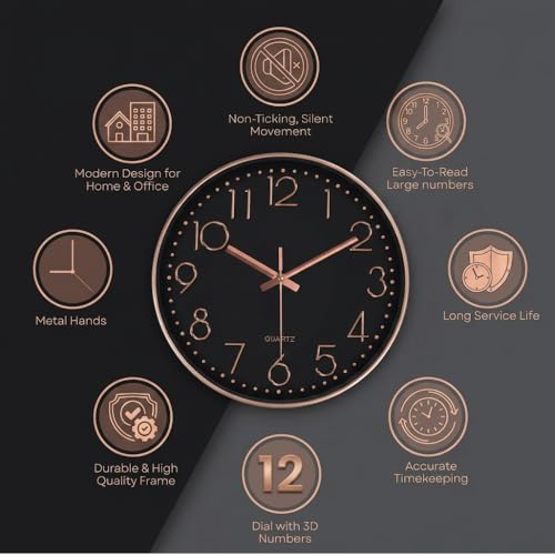 Image of STAR WORK Premium Wall Clock 10 inch Inch Silent Non-Ticking Quartz Movement | Easy to Read 3D Numbers | Modern Analog Clock for Home Decor, Living Room, Bedroom, Office (Rose Gold, 10-Inch (25Cm)