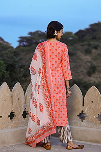 Image of Vaamsi Women's Cotton Blend Floral Straight Kurta Pant With Dupatta