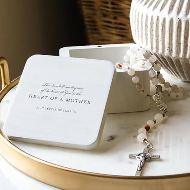 The Catholic Company Classic St. Therese Heart of a Mother Keepsake Box (White, 1 Count) - For Storage, Jewelry, Gift for mothers