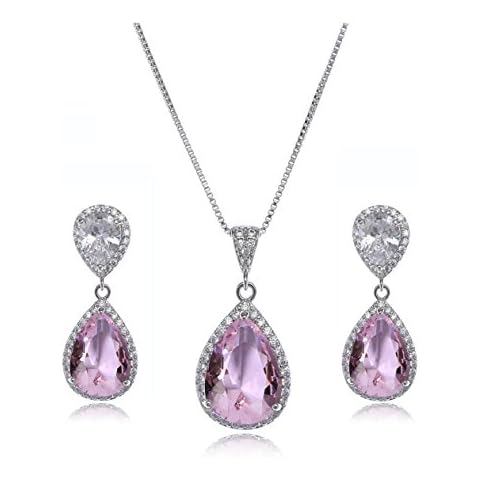 AMYJANE Wedding Jewelry Set for Bridesmaids - Women's Elegant Sterling Silver Pink Teardrop Crystal Cubic Zirconia Rhinestone CZ Necklace Set Bridal Party Prom Jewelry Sets Cover