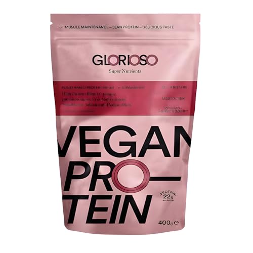 Imagen de GLORIOSO Proteina Isolate Vegana Sin Azucar Ni Lactosa con DigeZyme® Batido Bajo en Carbohidratos Sin Gluten Vegan Protein Powder con Mezcla a Base de Guisantes Arroz y Calabaza Sabor Fresa 400g