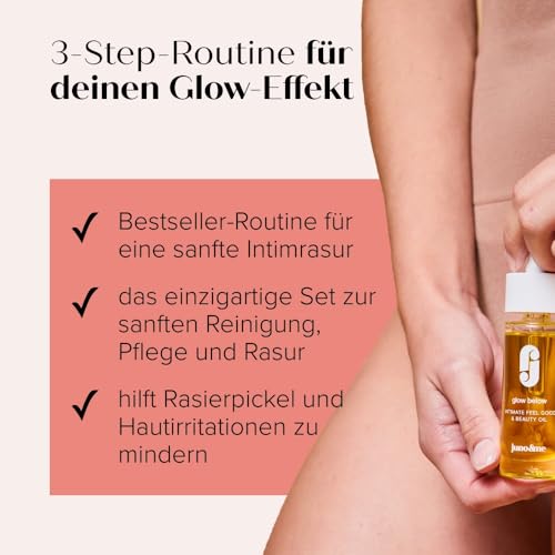 juno & me – Glow Below Set – 3er-Set zur Reinigung, Pflege & Rasur der äußeren Intimzone – Mit Pre-Shave Peeling, Rasiergel & After Shave Öl mit Milchsäure – vegane Intimpflege Damen