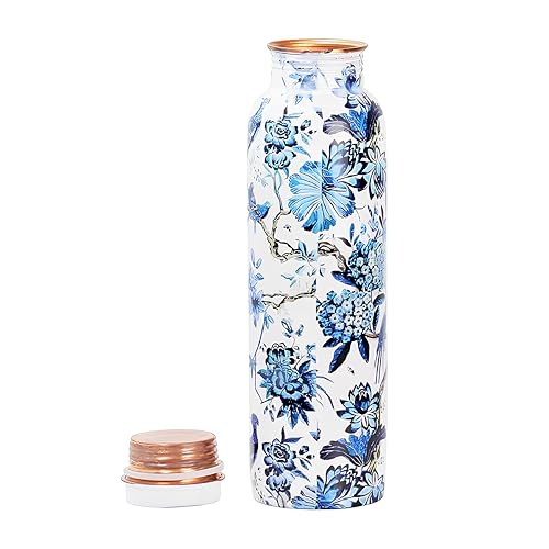 Image of GTAC Printed Design With White Blue Floral Design Coppe water Bottle, Storage Water, 1000 ML, Designer::Set of 1 With Box| Copper Bottle | Gift Set | Office Use| Sports| Daily Use.