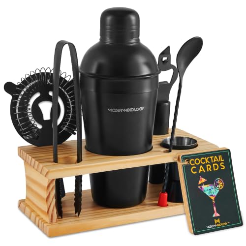 Modern Mixology Cocktail Shaker Set - 8 Piece Bartender Kit on Quality Pine Stand | Complete...