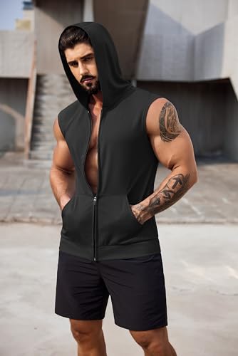 COOFANDY Men's Workout Hooded Tank Tops 2 Pack Zip Up Sleeveless Gym Shirts Muscle Cut Off T Shirt Bodybuilding Hoodies2