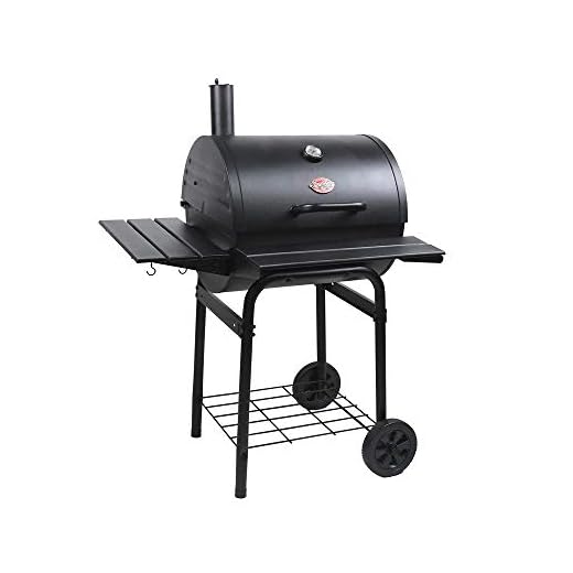Char-Griller® Wrangler® Charcoal Grill in Black with Metal Shelves, EasyDump™ Ash Pan, Premium Wood Front and Side Shelves with Utensil Hooks, 640 Cooking Square Inches in Black, Model 2823